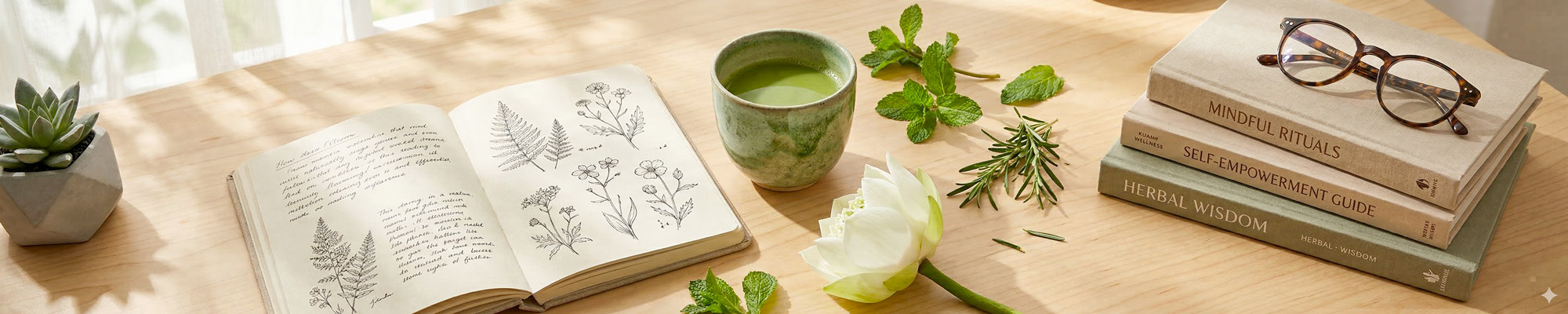 Livres de bien-être, thé matcha et herbes fraîches sur un bureau ensoleillé